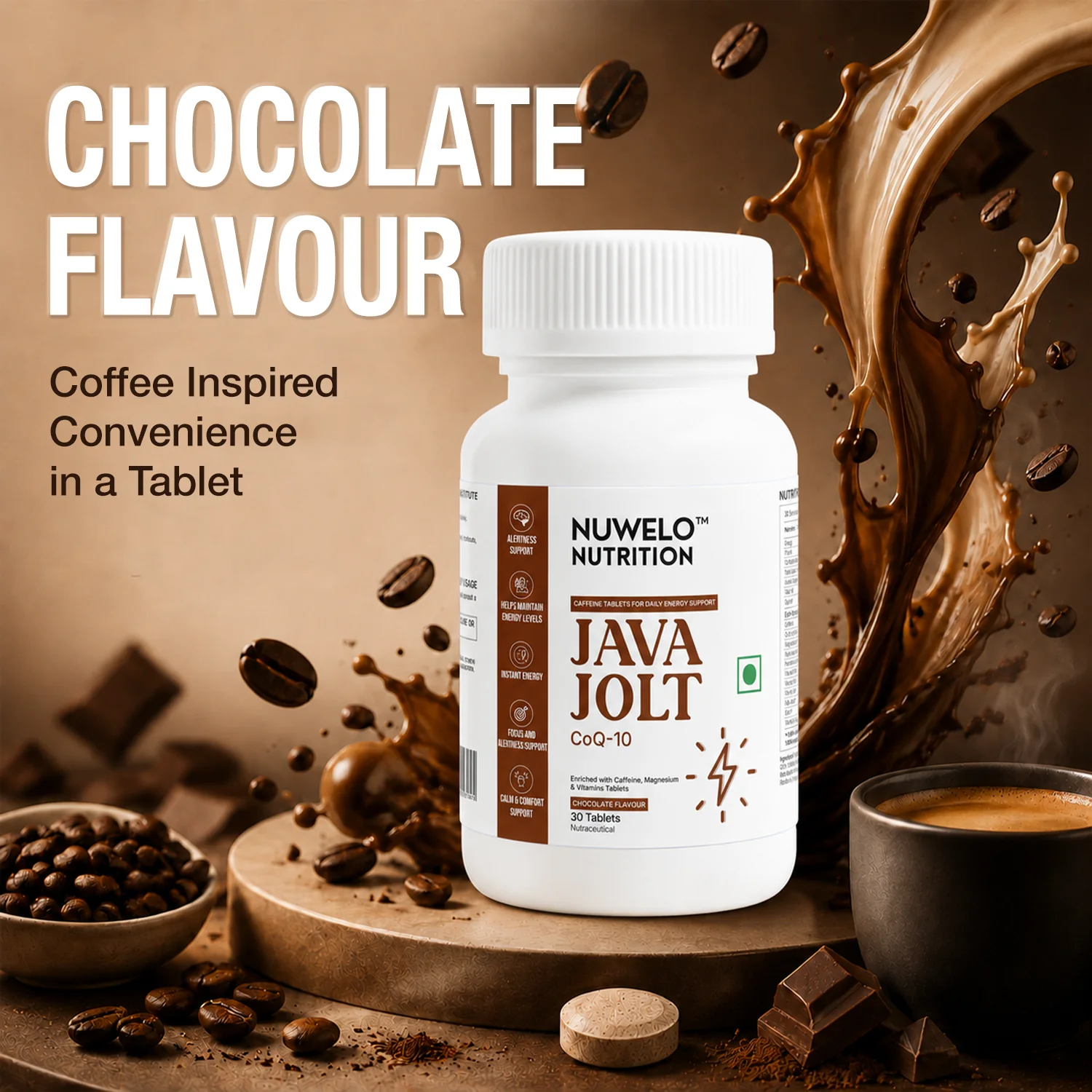 Java Jolt bottle with coffee beans and chocolate