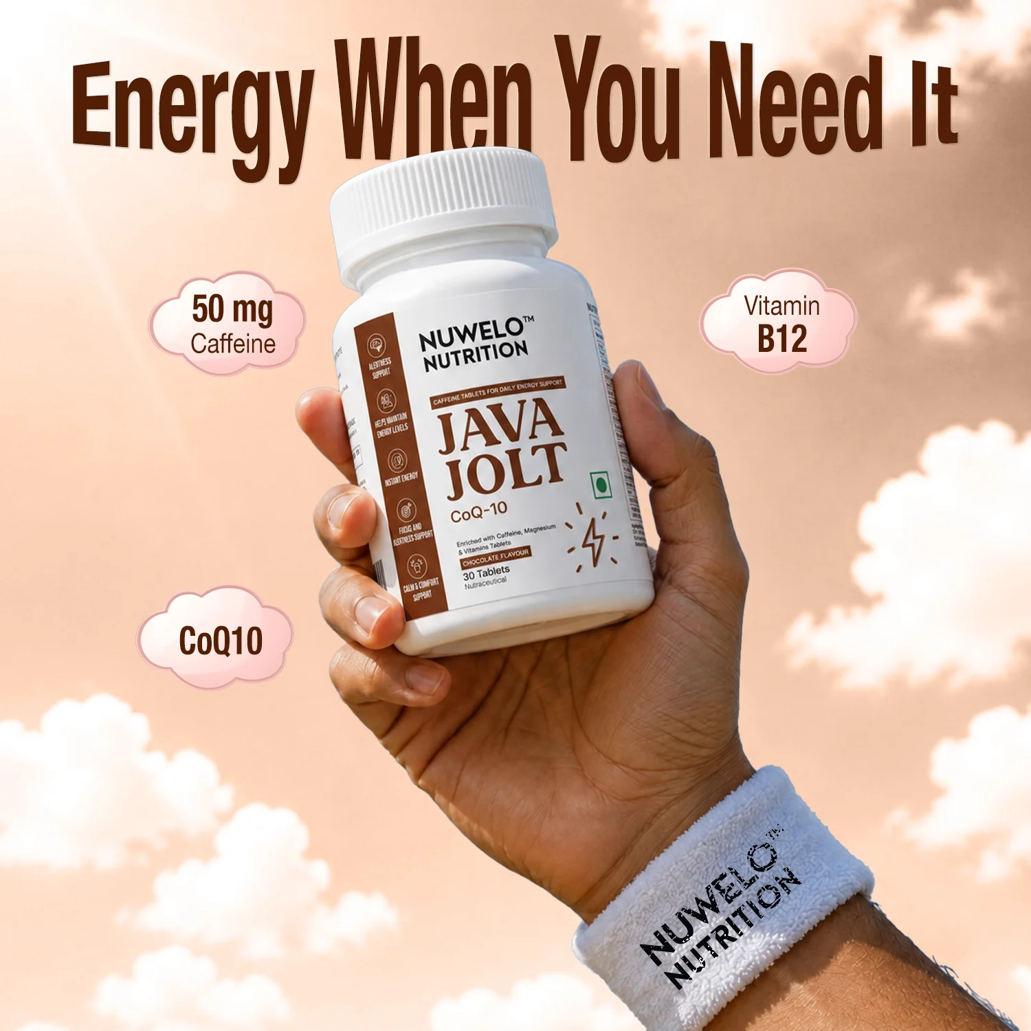 Hand holding a bottle of Nuwelo Java Jolt caffeine tablets